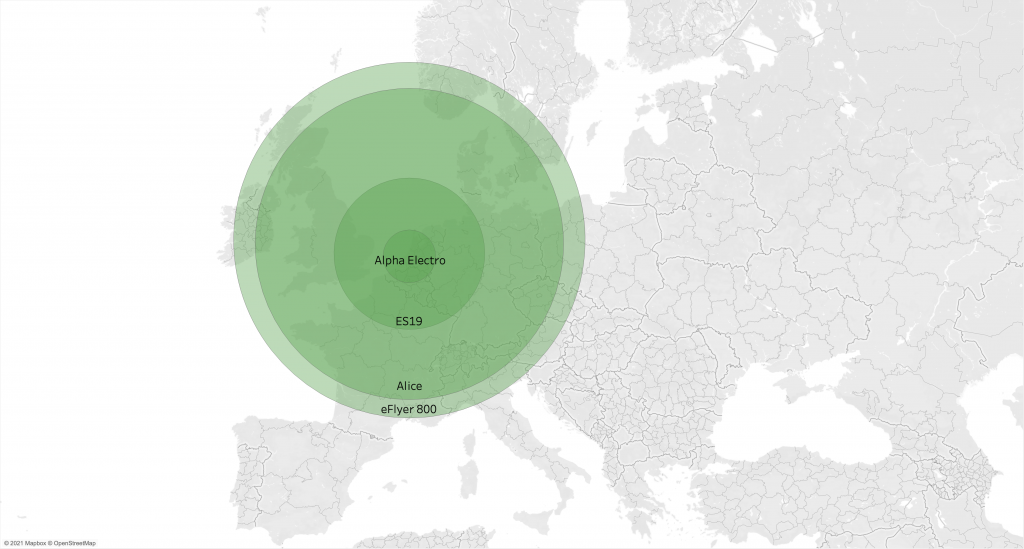 Kaart vliegbereik elektrische vliegtuigen